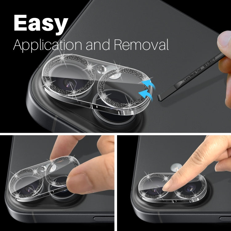 For iPhone 16 / 16 Plus NORTHJO Camera Lens Protector Glitter Ring 3D Tempered Glass Film(Black)