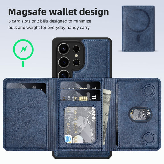 For Samsung Galaxy S25 5G Shield Multi-functional MagSafe Card Bag Phone Case(Blue)