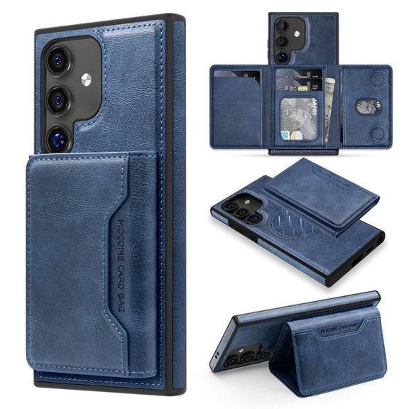 For Samsung Galaxy S25 5G Shield Multi-functional MagSafe Card Bag Phone Case(Blue)