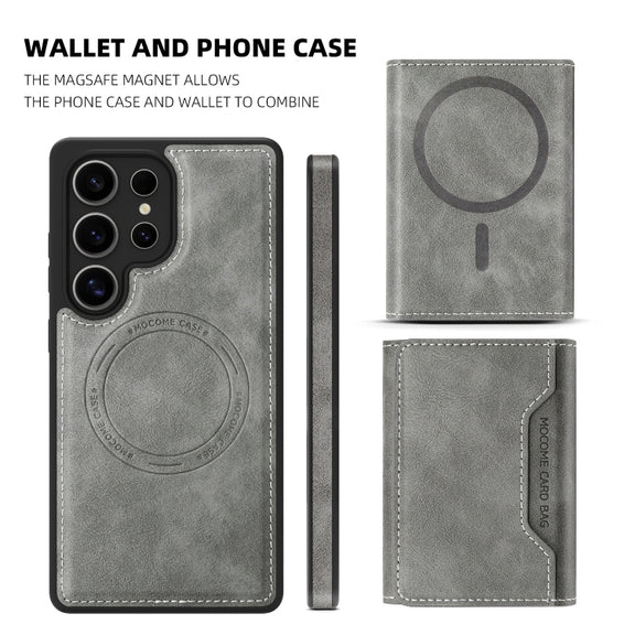 For Samsung Galaxy S25 5G Shield Multi-functional MagSafe Card Bag Phone Case(Grey)