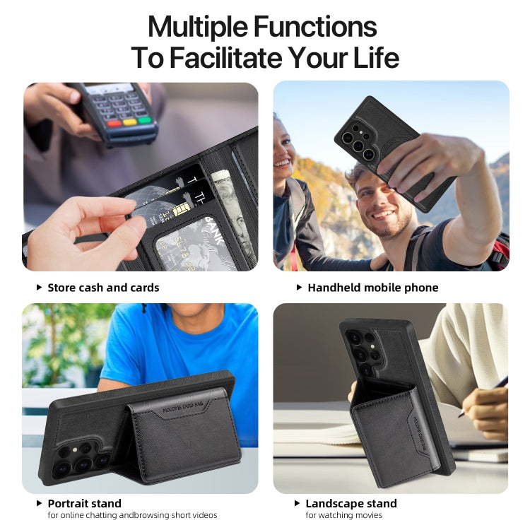 For Samsung Galaxy S25+ 5G Shield Multi-functional MagSafe Card Bag Phone Case(Black)