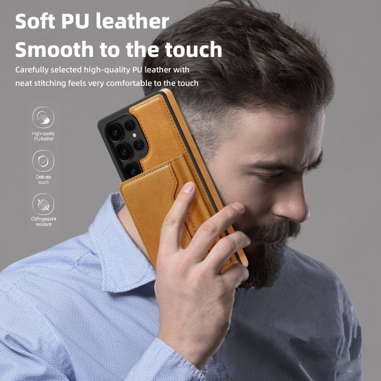 For Samsung Galaxy S25+ 5G Shield Multi-functional MagSafe Card Bag Phone Case(Brown)