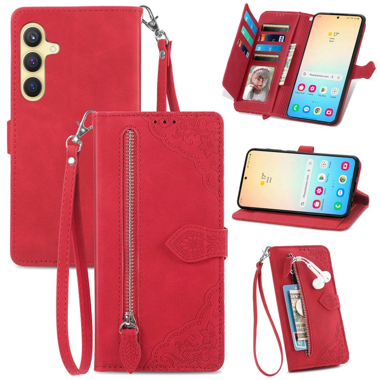 For Samsung Galaxy S25+ 5G Embossed Flower Zipper Leather Phone Case(Red)