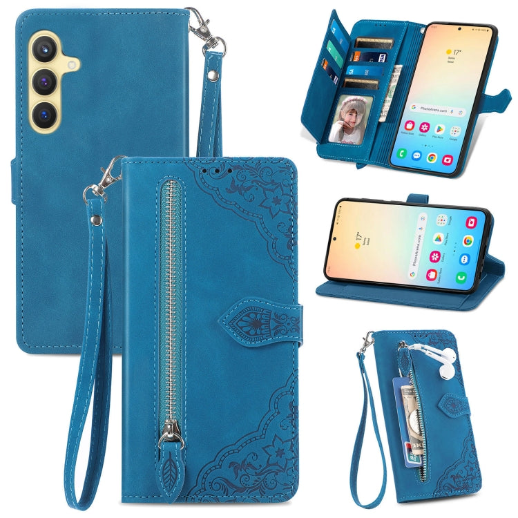 For Samsung Galaxy S25+ 5G Embossed Flower Zipper Leather Phone Case(Blue)