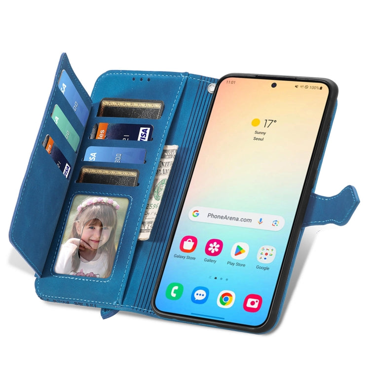 For Samsung Galaxy S25+ 5G Embossed Flower Zipper Leather Phone Case(Blue)