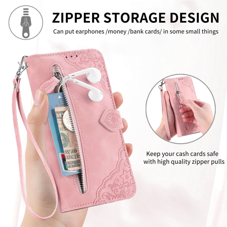 For Samsung Galaxy S25+ 5G Embossed Flower Zipper Leather Phone Case(Red)