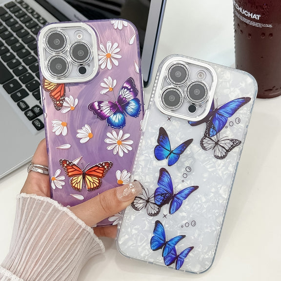 For iPhone 16e Plating Texture Butterfly TPU Phone Case with Glitter Lens Film(Purple Butterflies HU4)