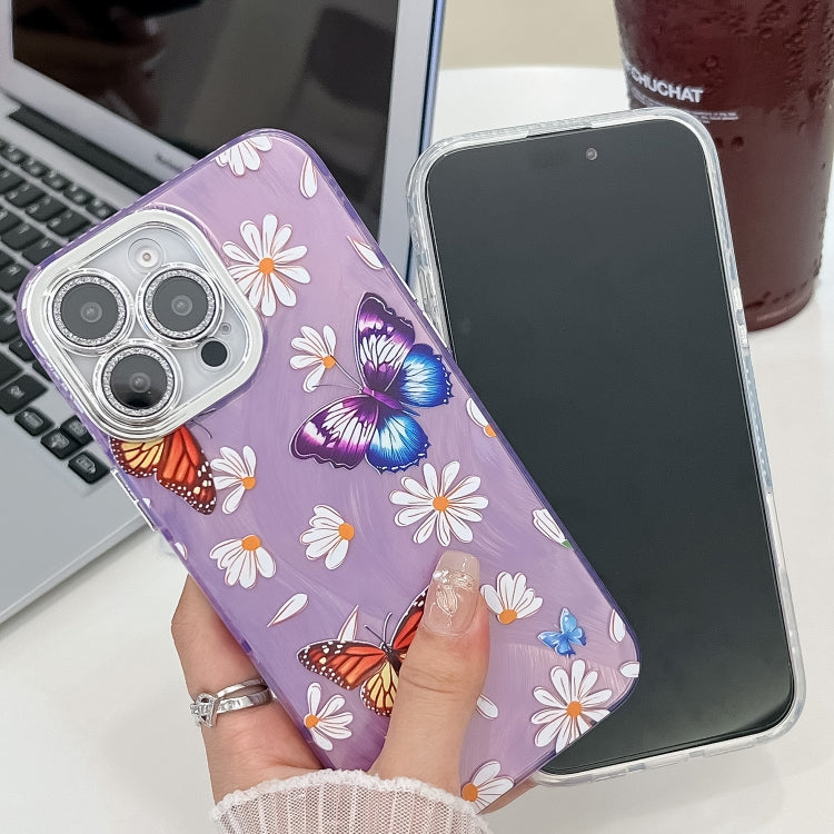 For iPhone 16e Plating Texture Butterfly TPU Phone Case with Glitter Lens Film(Daisy Butterflies HU2)