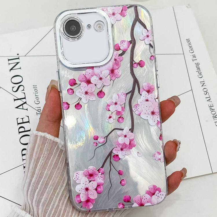 For iPhone 16e Electroplating Flowers Plants Texture TPU Phone Case(Plum Flower FL6)