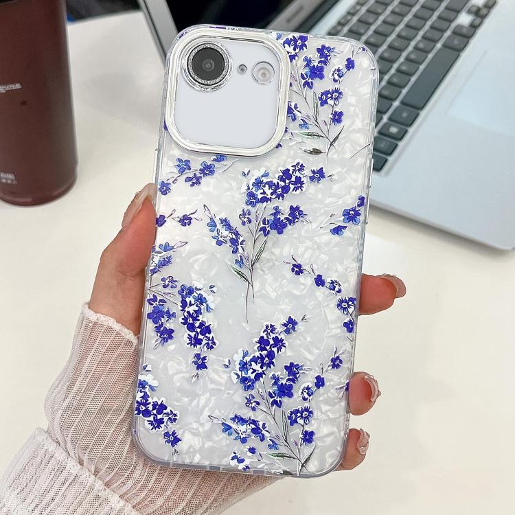 For iPhone 16e Electroplating Flowers Plants Texture TPU Phone Case(Blue Flower FL13)