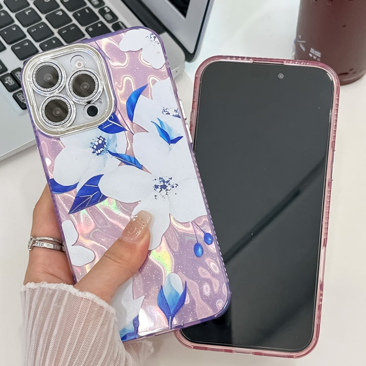 For iPhone 16e Electroplating Flowers Plants Texture TPU Phone Case(Blue Flower FL13)