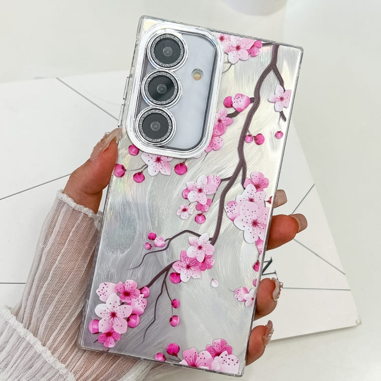 For Samsung Galaxy S25 5G Electroplating Flowers Plants Texture TPU Phone Case(Plum Flower FL6)