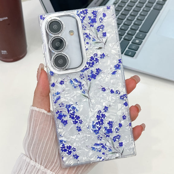 For Samsung Galaxy S25 5G Electroplating Flowers Plants Texture TPU Phone Case(Blue Flower FL13)
