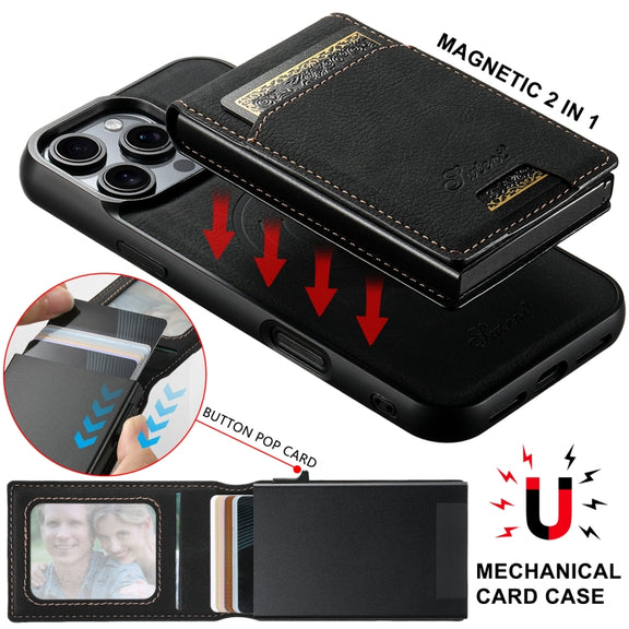 For iPhone 16 Plus Suteni H19 Litchi Grain 2-in-1 MagSafe Removable Card Box Back Phone Case(Black)