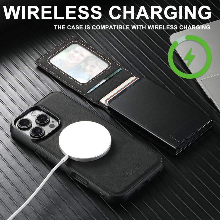 For iPhone 16 Plus Suteni H19 Litchi Grain 2-in-1 MagSafe Removable Card Box Back Phone Case(Black)