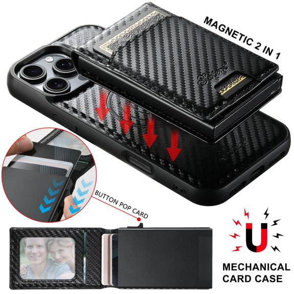For iPhone 16 Suteni H19 Carbon Fiber Grain 2-in-1 MagSafe Removable Card Box Back Phone Case(Black)