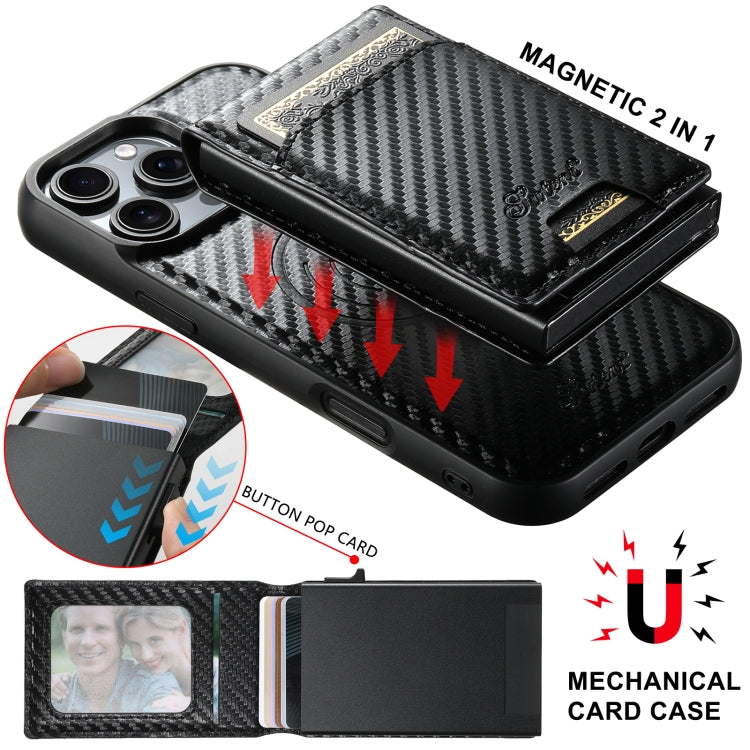 For iPhone 16 Suteni H19 Carbon Fiber Grain 2-in-1 MagSafe Removable Card Box Back Phone Case(Black)