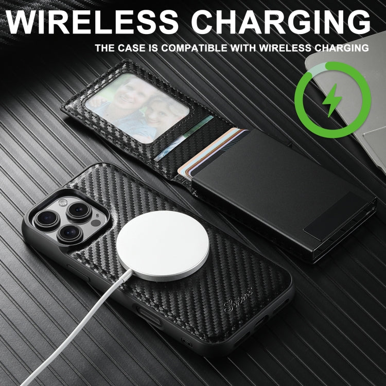 For iPhone 16 Suteni H19 Carbon Fiber Grain 2-in-1 MagSafe Removable Card Box Back Phone Case(Black)