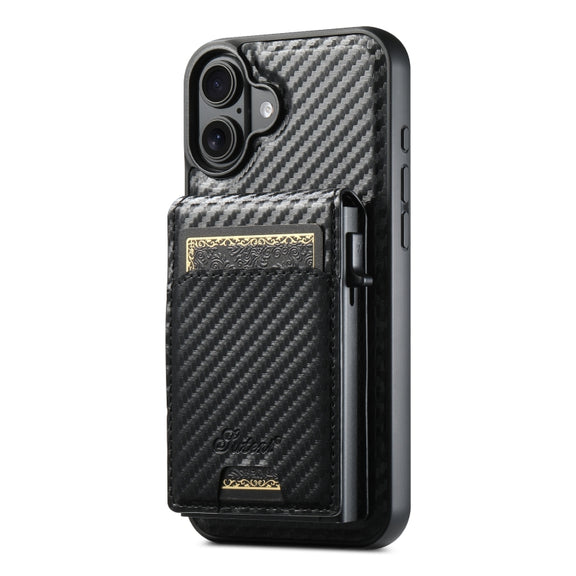 For iPhone 16 Suteni H19 Carbon Fiber Grain 2-in-1 MagSafe Removable Card Box Back Phone Case(Black)