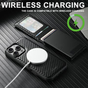 For iPhone 16 Suteni H19 Carbon Fiber Grain 2-in-1 MagSafe Removable Card Box Back Phone Case(Black)
