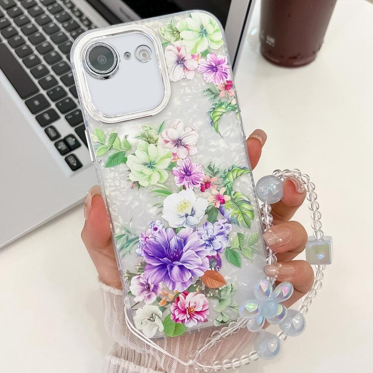 For iPhone 16e Electroplating Flowers Plants Texture Wristband TPU Phone Case(Colorful Peony FL10)