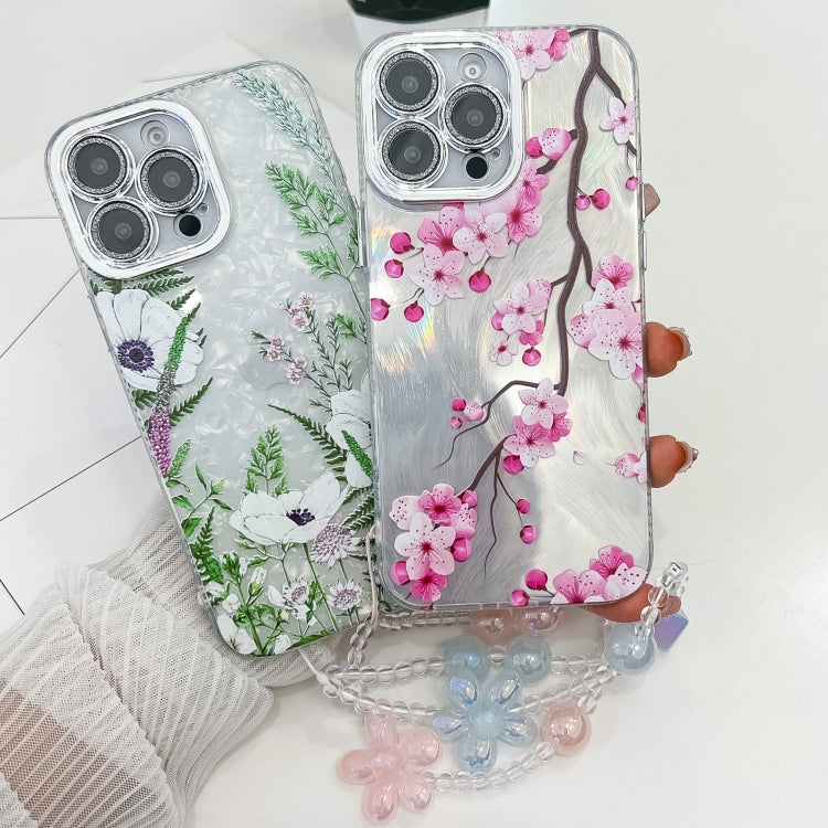 For iPhone 16e Electroplating Flowers Plants Texture Wristband TPU Phone Case(Colorful Peony FL10)