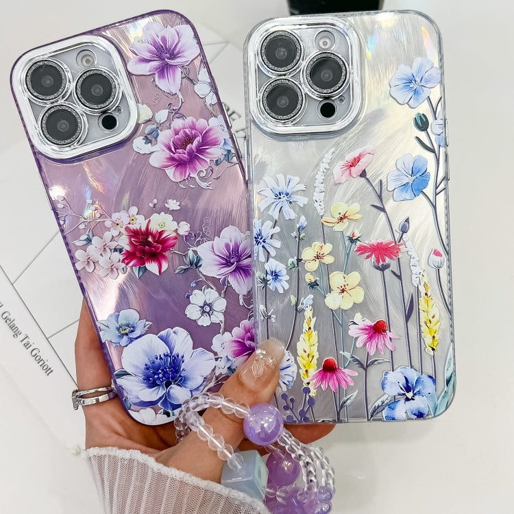 For iPhone 16e Electroplating Flowers Plants Texture Wristband TPU Phone Case(Colorful Peony FL10)