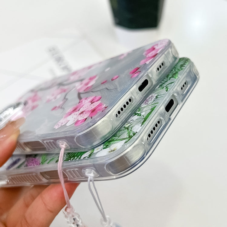 For iPhone 16e Electroplating Flowers Plants Texture Wristband TPU Phone Case(Colorful Peony FL10)