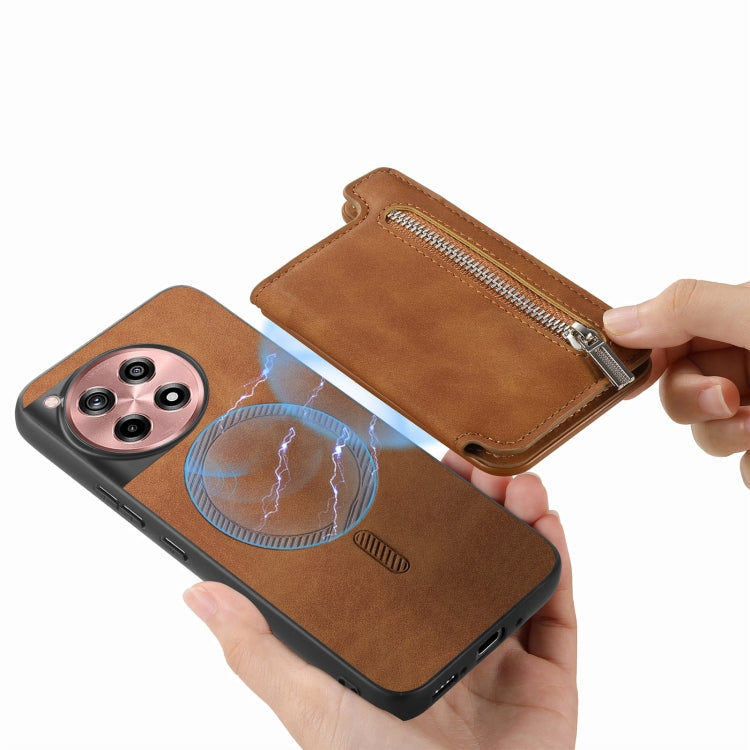 For OnePlus Ace 3 5G / 12R 5G Retro MagSafe Zipper Wallet Card Bag Back Phone Case(Brown)