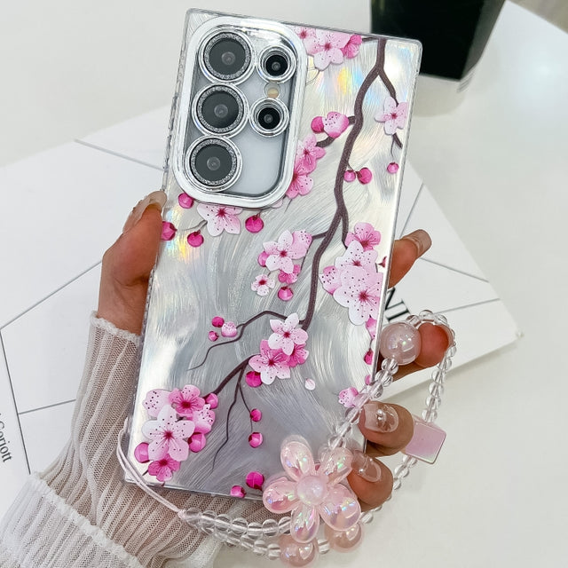 For Samsung Galaxy S25 Ultra 5G Electroplating Flowers Plants Texture Wristband TPU Phone Case(Plum Flower FL6)