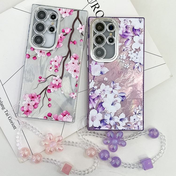 For Samsung Galaxy S25+ 5G Electroplating Flowers Plants Texture Wristband TPU Phone Case(Plum Flower FL6)