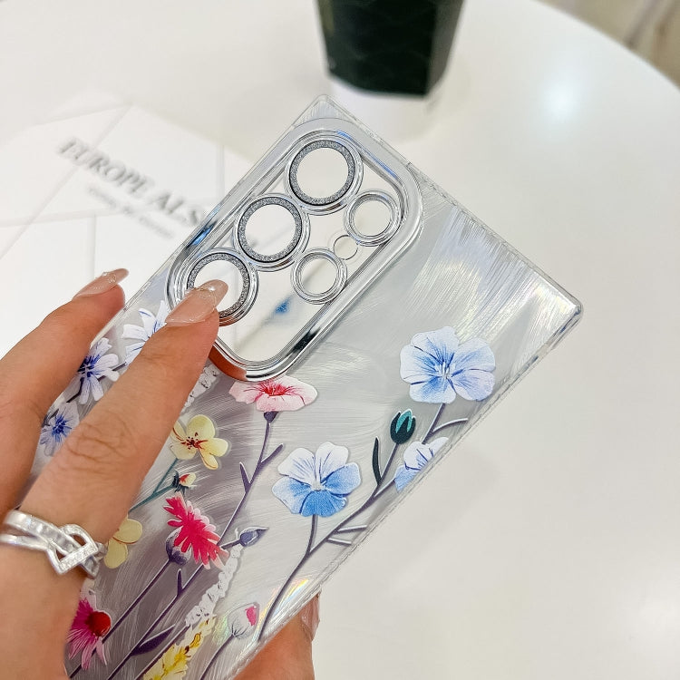 For Samsung Galaxy S25+ 5G Electroplating Flowers Plants Texture Wristband TPU Phone Case(Blue Flower FL13)