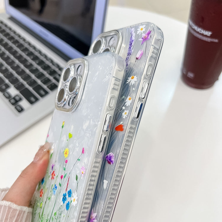 For iPhone 16e Electroplating Flower Texture Wristband TPU Phone Case(Purple Wildflowers SH1)