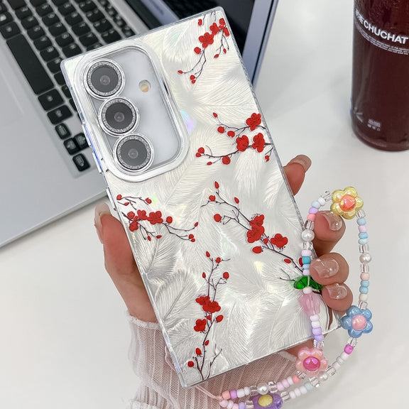 For Samsung Galaxy S25 5G Electroplating Flower Texture Wristband TPU Phone Case(Red Plum Blossom SH2)