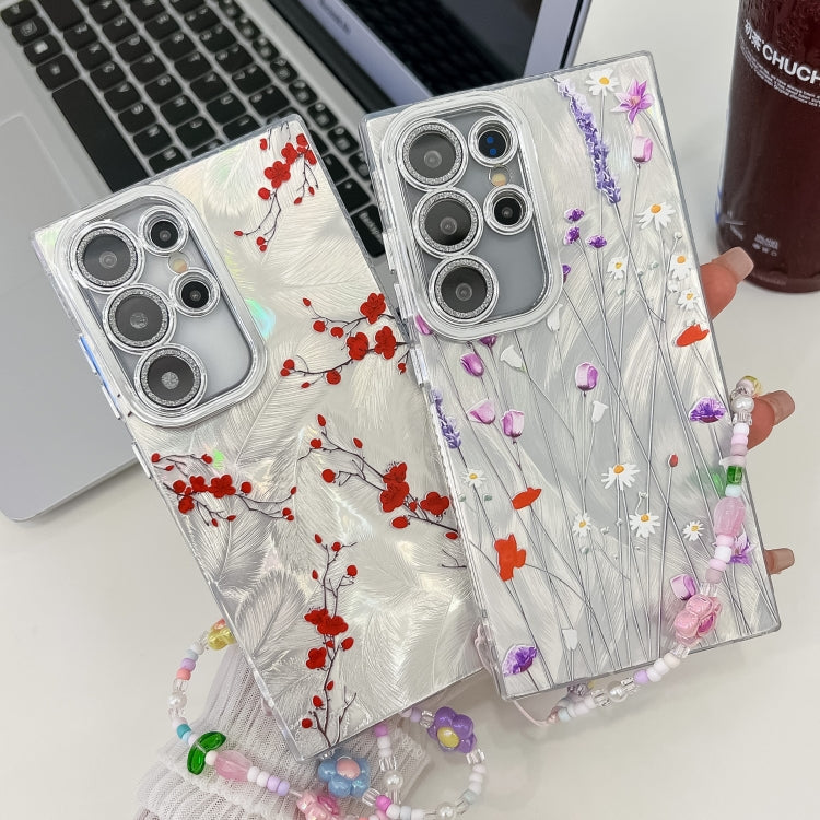 For Samsung Galaxy S25+ 5G Electroplating Flower Texture Wristband TPU Phone Case(Red Plum Blossom SH2)