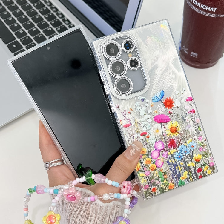 For Samsung Galaxy S25+ 5G Electroplating Flower Texture Wristband TPU Phone Case(Flowers SH4)