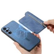 For Samsung Galaxy S25 5G Retro MagSafe Zipper Wallet Card Bag Back Phone Case(Blue)