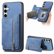 For Samsung Galaxy S25+ 5G Retro MagSafe Zipper Wallet Card Bag Back Phone Case(Blue)