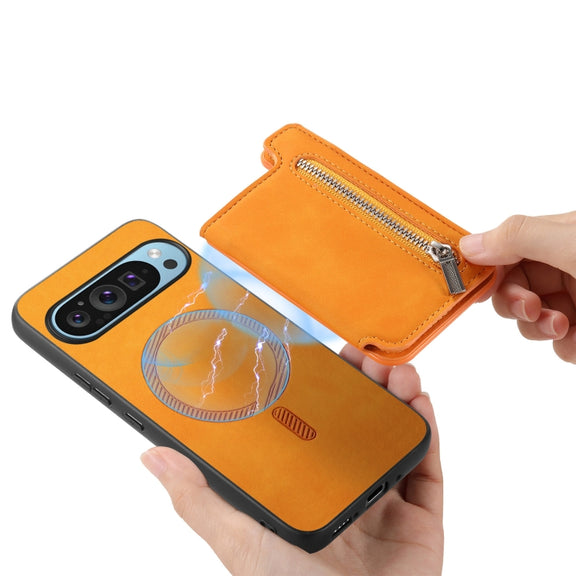 For Google Pixel 8a Retro MagSafe Zipper Wallet Card Bag Back Phone Case(Yellow)