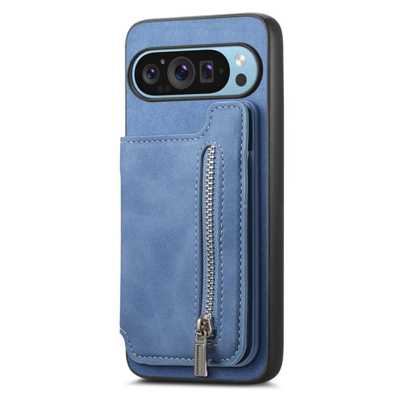 For Google Pixel 8a Retro MagSafe Zipper Wallet Card Bag Back Phone Case(Blue)