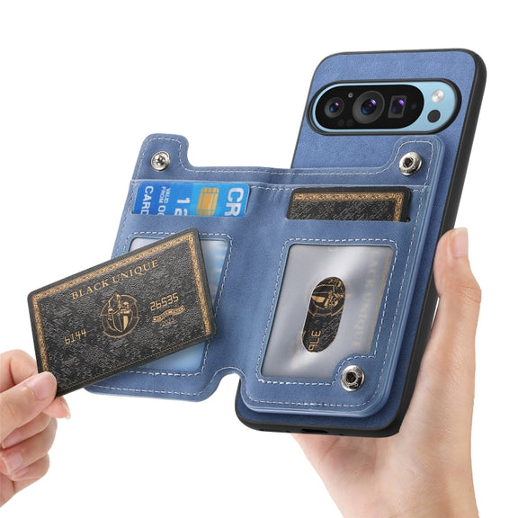 For Google Pixel 8a Retro MagSafe Zipper Wallet Card Bag Back Phone Case(Blue)