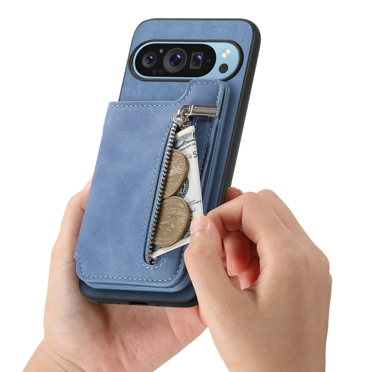 For Google Pixel 8a Retro MagSafe Zipper Wallet Card Bag Back Phone Case(Blue)