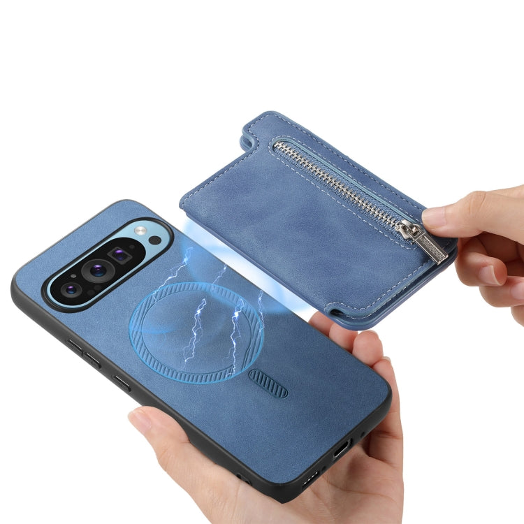 For Google Pixel 8a Retro MagSafe Zipper Wallet Card Bag Back Phone Case(Blue)