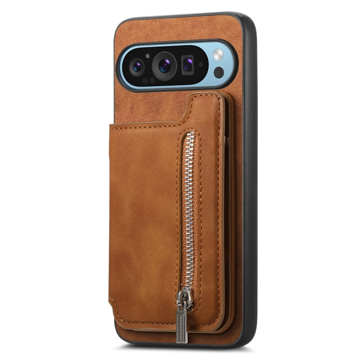 For Google Pixel 8a Retro MagSafe Zipper Wallet Card Bag Back Phone Case(Brown)