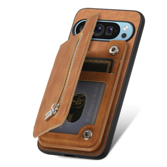 For Google Pixel 8a Retro MagSafe Zipper Wallet Card Bag Back Phone Case(Brown)