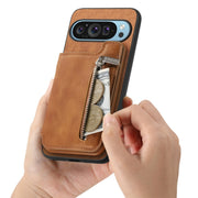 For Google Pixel 8a Retro MagSafe Zipper Wallet Card Bag Back Phone Case(Brown)
