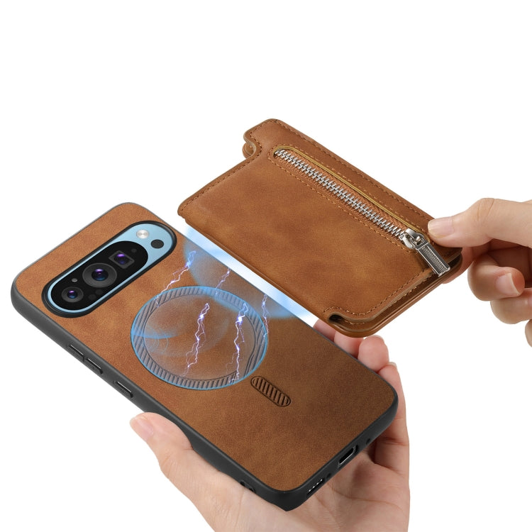 For Google Pixel 8a Retro MagSafe Zipper Wallet Card Bag Back Phone Case(Brown)