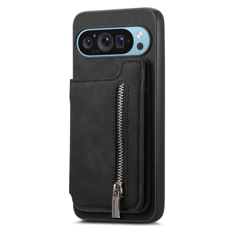 For Google Pixel 8a Retro MagSafe Zipper Wallet Card Bag Back Phone Case(Black)