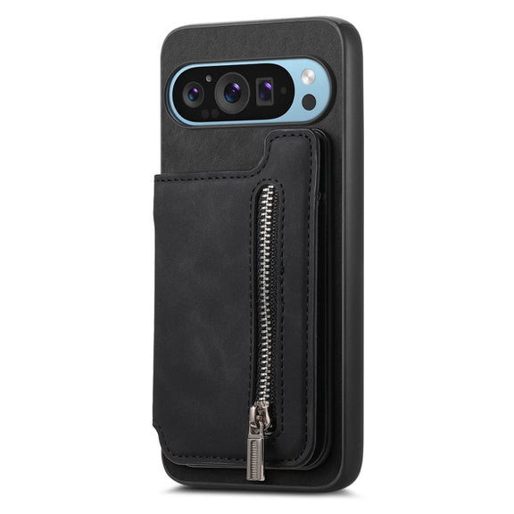 For Google Pixel 8a Retro MagSafe Zipper Wallet Card Bag Back Phone Case(Black)