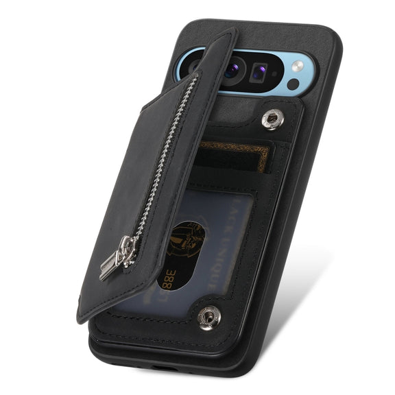 For Google Pixel 8a Retro MagSafe Zipper Wallet Card Bag Back Phone Case(Black)